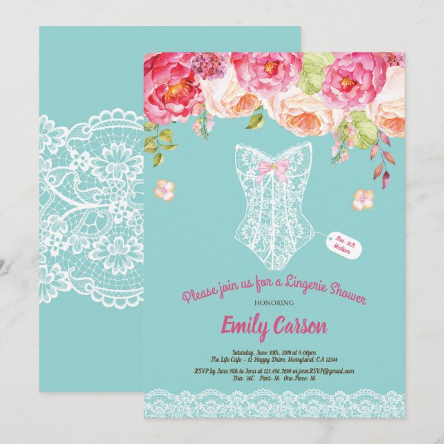 Turquoise lace lingerie shower bridal party invitation (Front/Back)