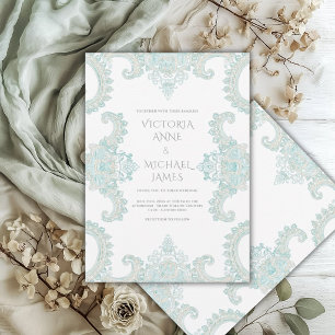 Turquoise Lace Whimsical Vintage Wedding Invitation
