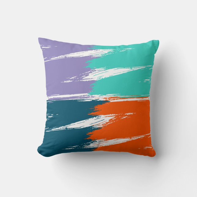 Turquoise Lavender Orange Ming Brush Stroke Paint Cushion (Front)
