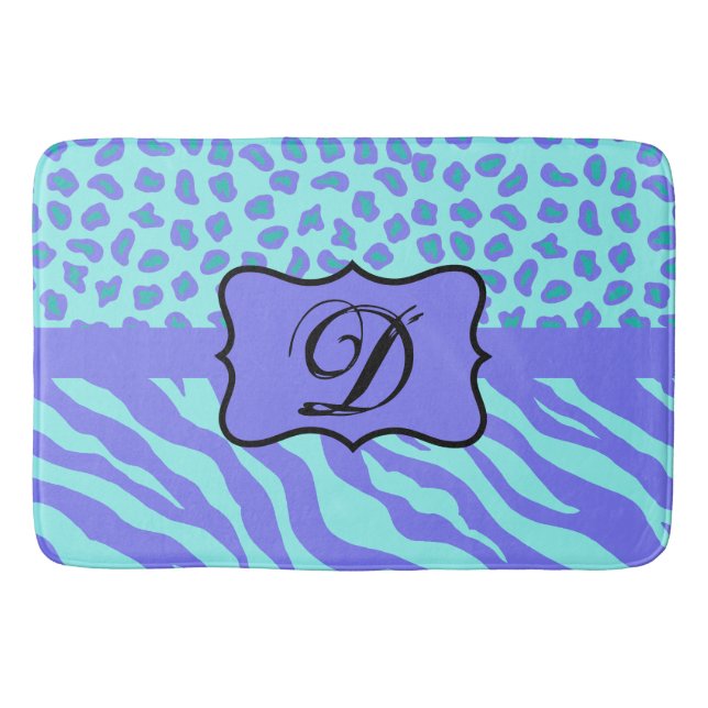 Turquoise Lavender Zebra Leopard Skin Monogram Bath Mat (Front)