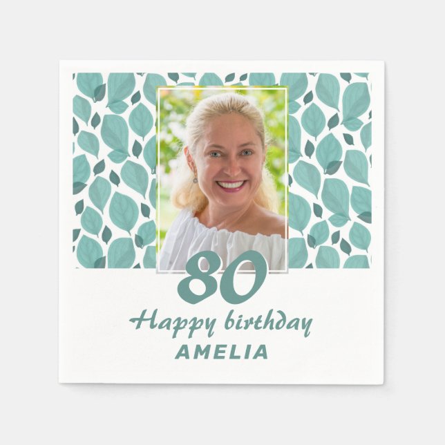 Turquoise Leaf Pattern 80th Birthday Party Photo Napkin (Front)