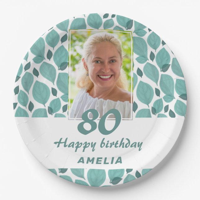 Turquoise Leaf Pattern 80th Birthday Party Photo Paper Plate (Front)