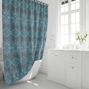 Turquoise Leafy floral Octagon and Diagonal patter Shower Curtain
