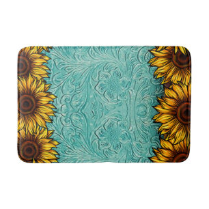Turquoise Leather Tooled Bright Sunny Sunflowers Bath Mat