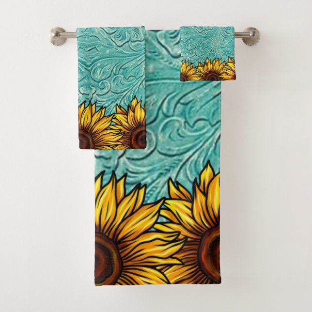Turquoise Leather Tooled Bright Sunny Sunflowers Bath Towel Set (Insitu)