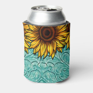 Turquoise Leather Tooled Bright Sunny Sunflowers Can Cooler