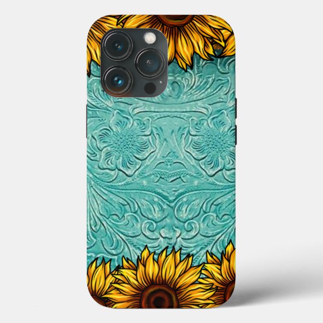 Turquoise Leather Tooled Bright Sunny Sunflowers Case-Mate iPhone Case (Back)