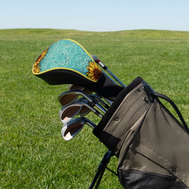 Turquoise Leather Tooled Bright Sunny Sunflowers Golf Head Cover (In Situ)