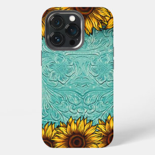 Turquoise Leather Tooled Bright Sunny Sunflowers iPhone 13 Pro Case