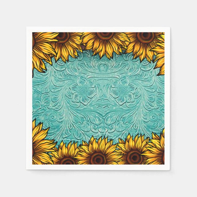Turquoise Leather Tooled Bright Sunny Sunflowers Napkin (Front)