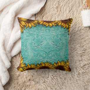 Turquoise Leather Tooled Bright Sunny Sunflowers T Cushion