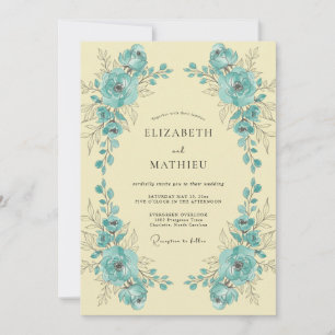Turquoise Lemon Peony Wedding Invitation
