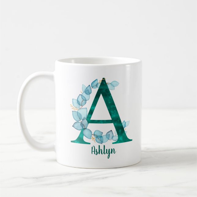Turquoise Letter A blue eucalyptus wreath  Coffee Mug