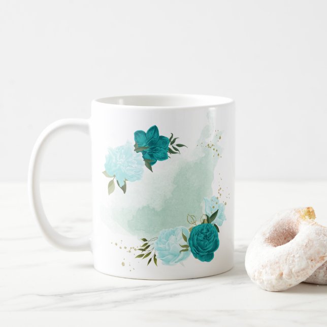 turquoise light blue flowers  coffee mug (With Donut)