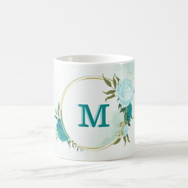 turquoise light blue flowers  coffee mug (Center)