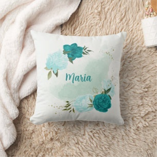 turquoise light blue flowers  cushion