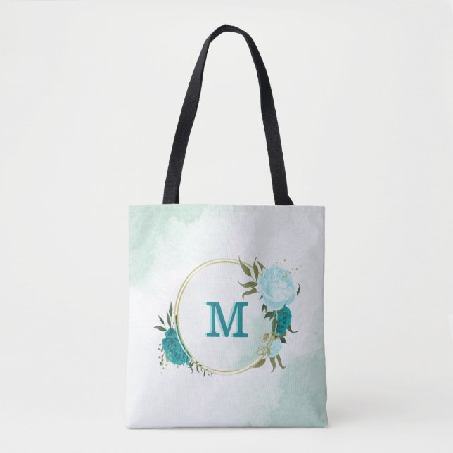 turquoise light blue flowers  tote bag (Front)
