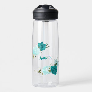 turquoise light blue flowers water bottle