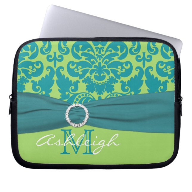 Turquoise Lime Damask FAUX Ribbon Laptop Sleeve (Front)