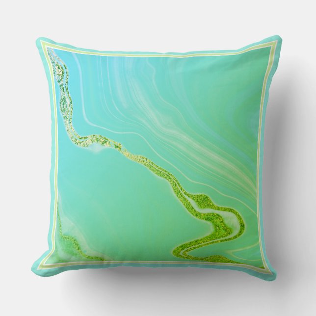 Turquoise, Lime Faux Marble Throw Pillow (Front)