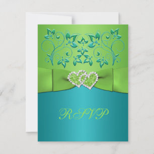 Turquoise, Lime Floral Joined Hearts RSVP Card