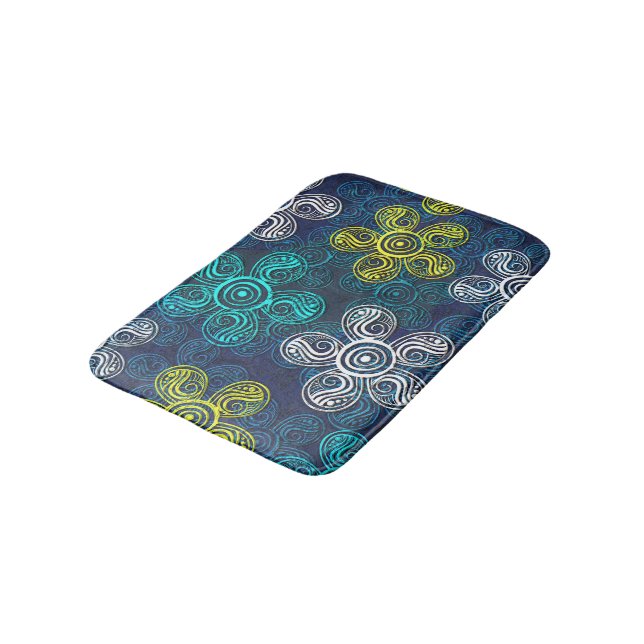 Turquoise Lime Green Retro Chic Floral Pattern Bath Mat (Angled)
