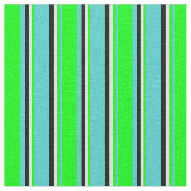 Turquoise, Lime, Lavender & Black Coloured Stripes Fabric (Close Up)