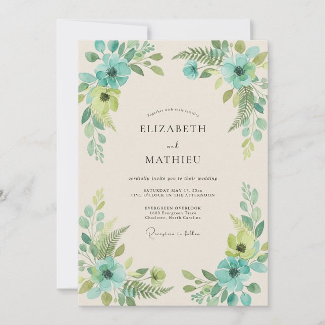 Turquoise Lime Leafy Wedding Invitation (Front)