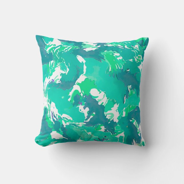 Turquoise liquid abstract pattern and white  cushion (Front)