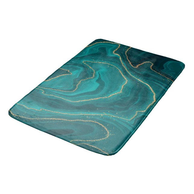 Turquoise liquid marble background with gold bath mat (Angled)