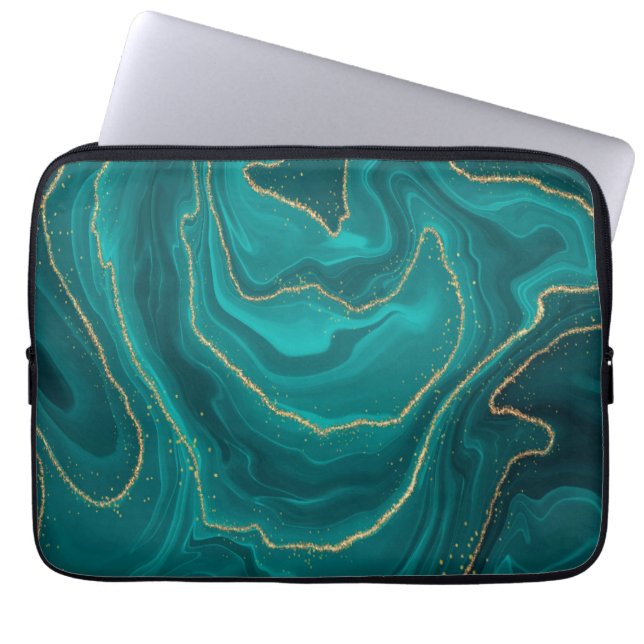 Turquoise liquid marble background with gold laptop sleeve (Front)