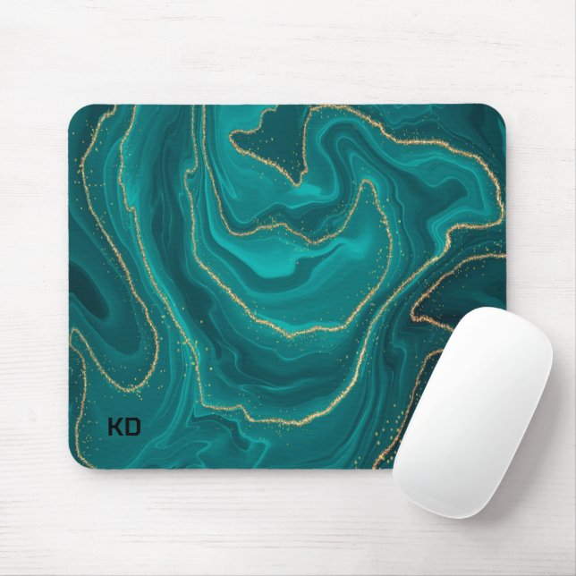 Turquoise liquid marble background with gold mouse pad (With Mouse)