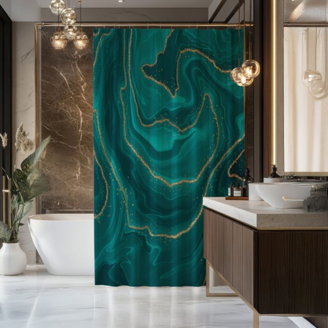 Turquoise liquid marble design background with gol shower curtain (Creator Uploaded)