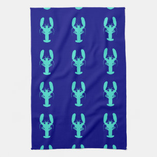 Turquoise Lobster On Navy Blue Coastal Decor Tea Towel