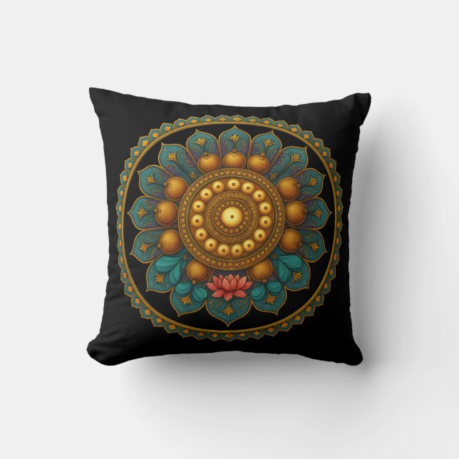 Turquoise Lotus Mandala - Reversible Black Boho Cushion (Front)