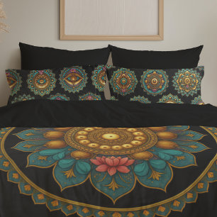 Turquoise Lotus Mandala - Reversible Black Boho Pillowcase