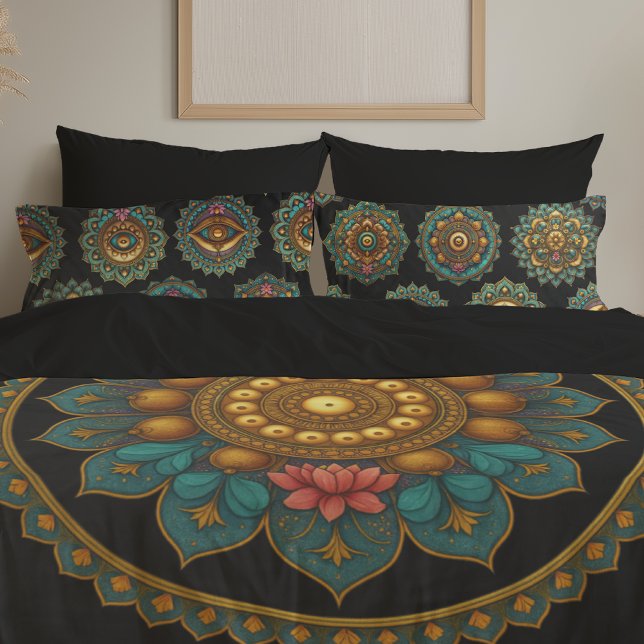 Turquoise Lotus Mandala - Reversible Black Boho Pillowcase (Creator Uploaded)