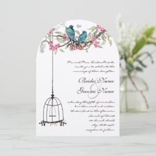 Turquoise Love Bird Pink Apricot Peach Birdcage Invitation