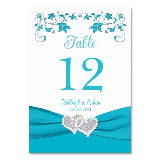 Turquoise Love Hearts Wedding Table Number Card (Front)