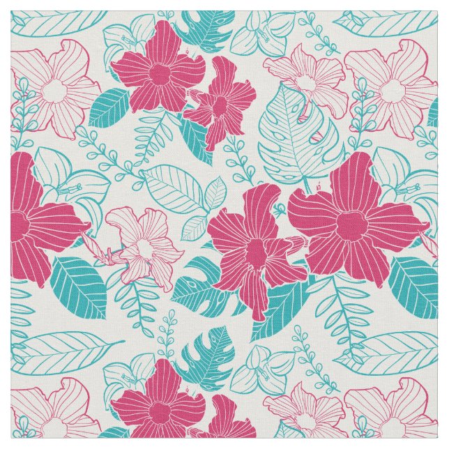 Turquoise & Magenta Floral Pattern Fabric (Close Up)