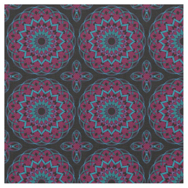 Turquoise-Magenta on Black Kaleidoheart Fabric (Close Up)