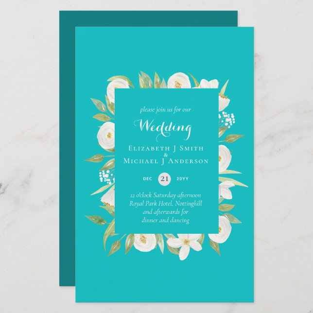 Turquoise Magnolia Floral Budget Wedding Invite A9 (Front/Back)