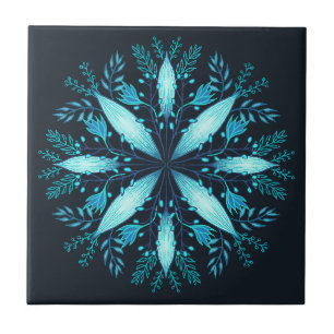 Turquoise Mandala - Blue Winter Snowflake Flower Ceramic Tile
