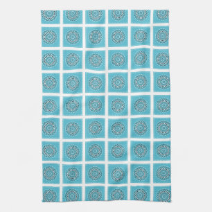 Turquoise Mandala Kaleidoscope Circle white border Tea Towel