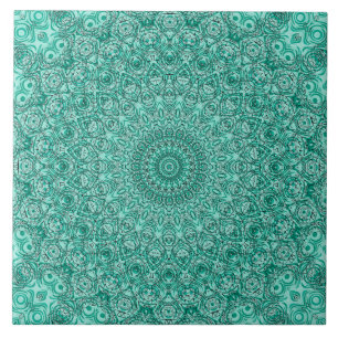 Turquoise Mandala with Intricate Symmetry Ceramic Tile
