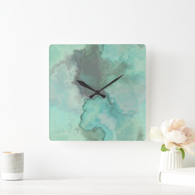 Turquoise Marble Abstract Square Wall Clock (Home)
