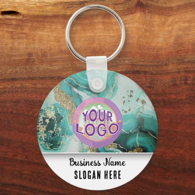 Turquoise Marble Branding Elegant Business Logo Key Ring (Front)