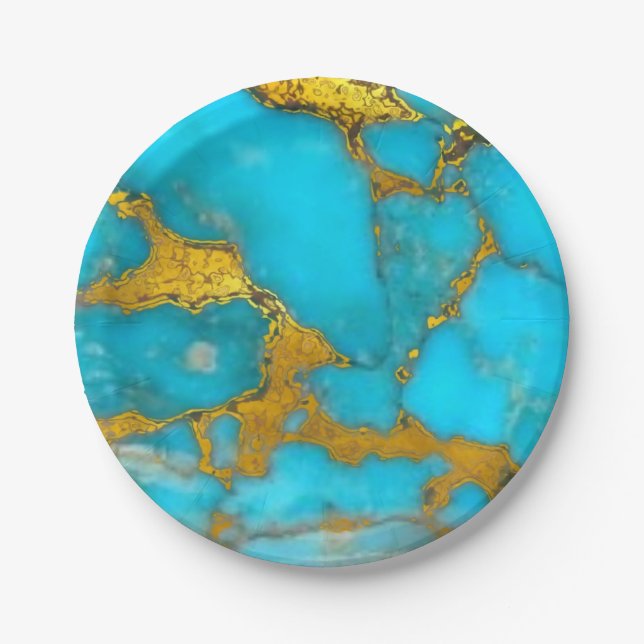 Turquoise Marble GOLD Glitter - ADD Initials Paper Plate (Front)