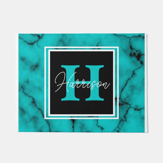 Turquoise Marble  Monogram Name Doormat (Front)