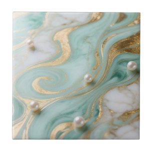 Turquoise Marble Pearl Gold Swirl Ceramic Tile